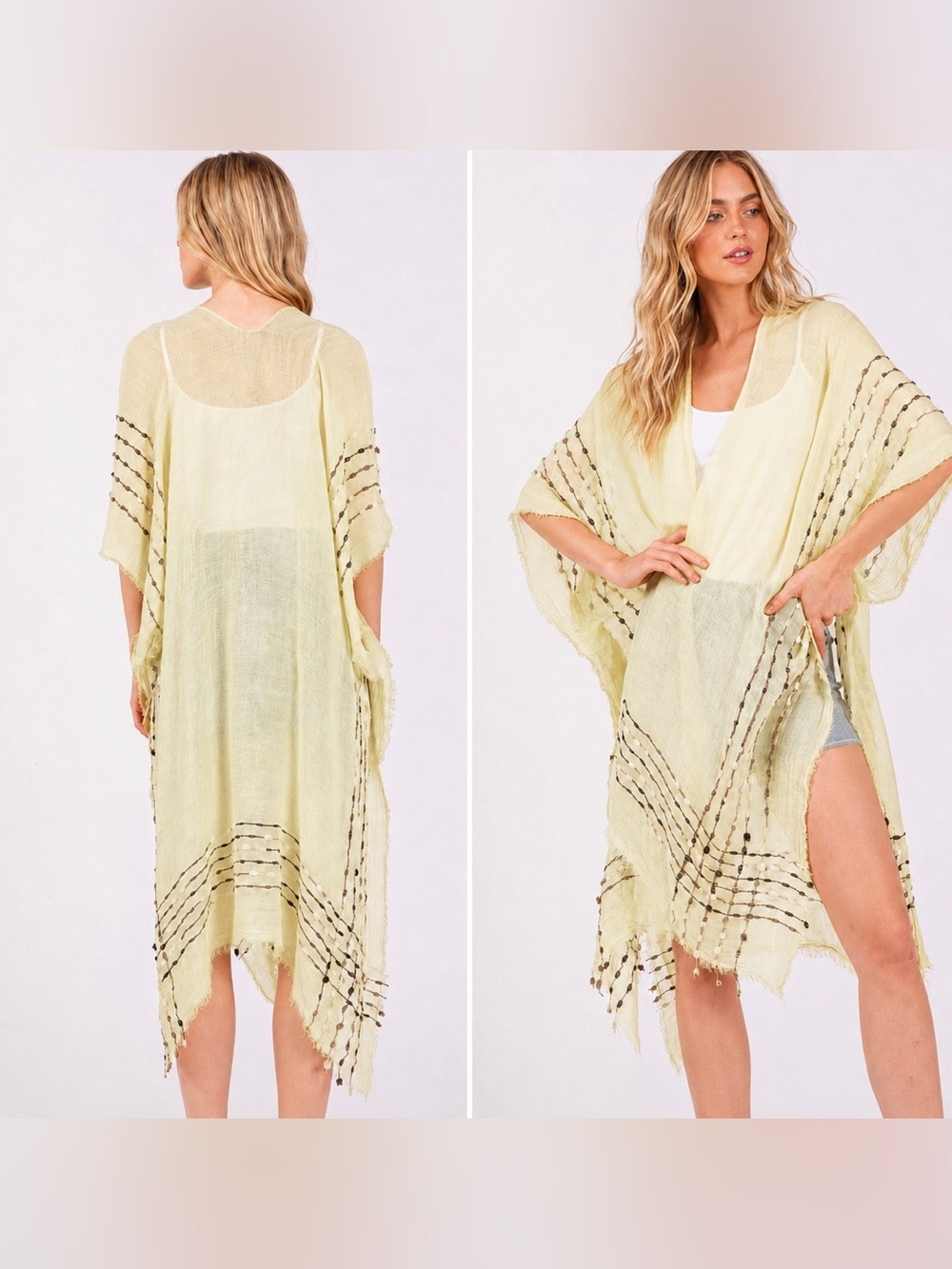 Light Yellow Boho Fringe Stitch Design Open Kimono Cover-Up Shawl Wrap